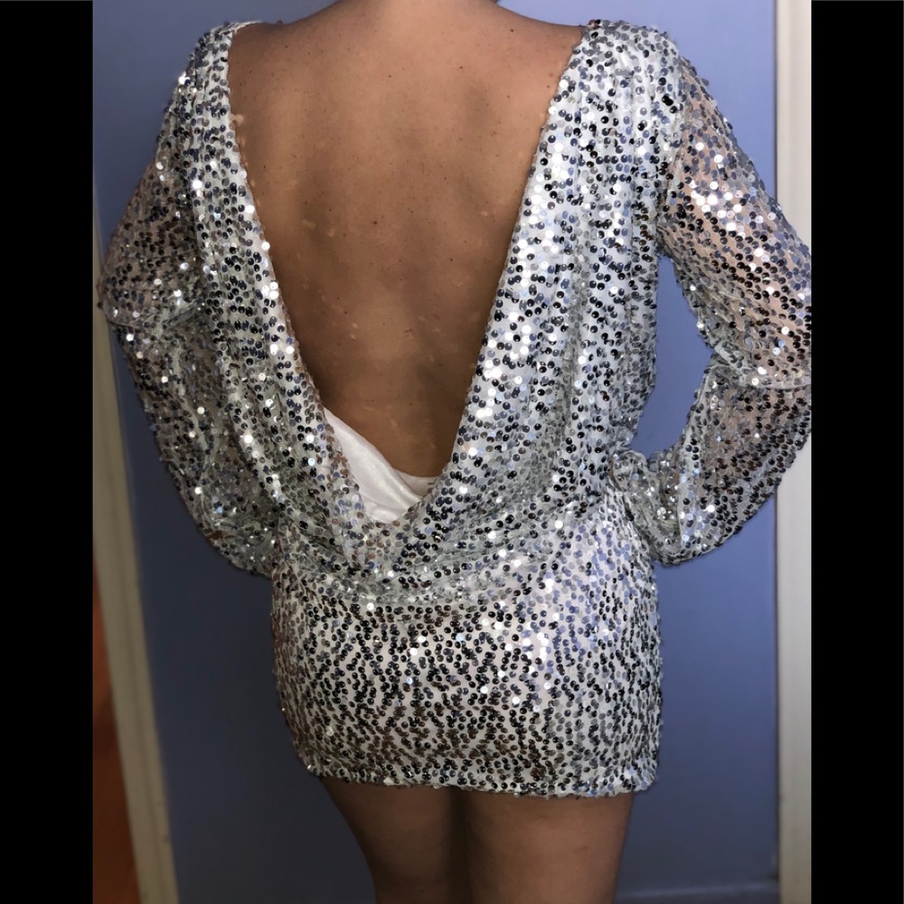 Silver sequin open back dress